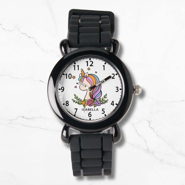 Unicorn Cute Whimsical Girly Rosa Blommigt Girl Armbandsur (Skapare uppladdad)