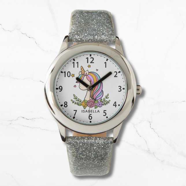 Unicorn Cute Whimsical Girly Rosa Blommigt Girl Armbandsur (Skapare uppladdad)