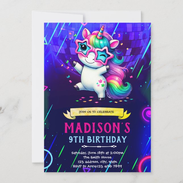 Unicorn dance birthday party invitation inbjudningar (Framsida)
