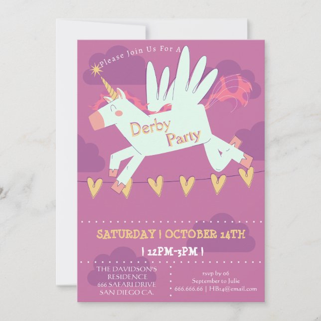 Unicorn Derby Party Invitation Kids Birthday Magic Inbjudningar (Framsida)