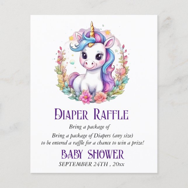 Unicorn Diaper Raffle Baby Shower-spel (Framsida)