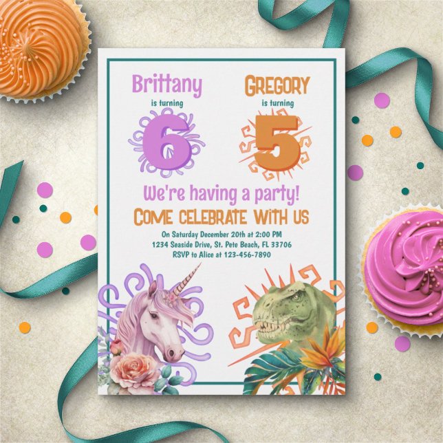 Unicorn Dinosaur Joint Birthday Inbjudningar (Skapare uppladdad)