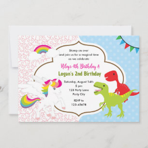 Unicorn & Dinosaur Joint Boy Girl Birthday Inbjuda Inbjudningar