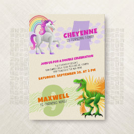 Unicorn Dinosaur Joint Dubbla Birthday Call Inbjudningar