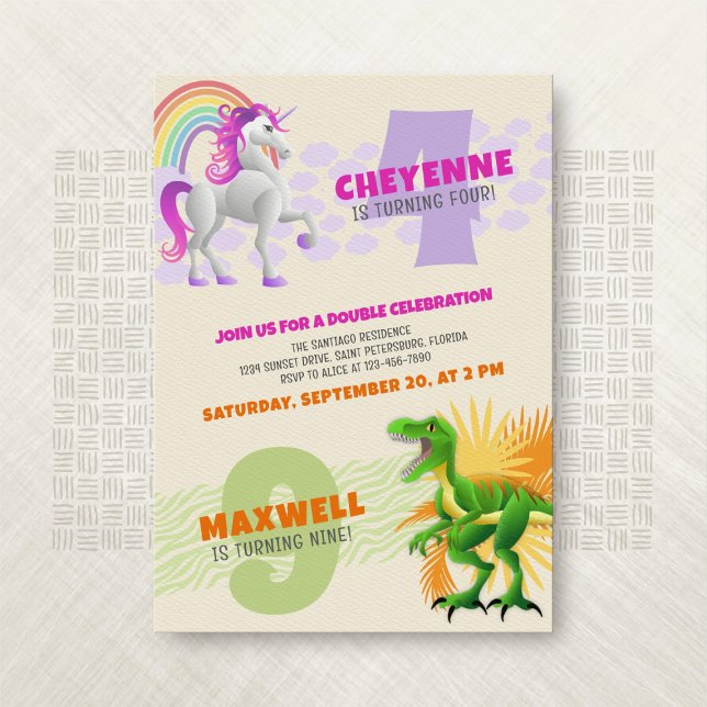 Unicorn Dinosaur Joint Dubbla Birthday Call Inbjudningar (Skapare uppladdad)
