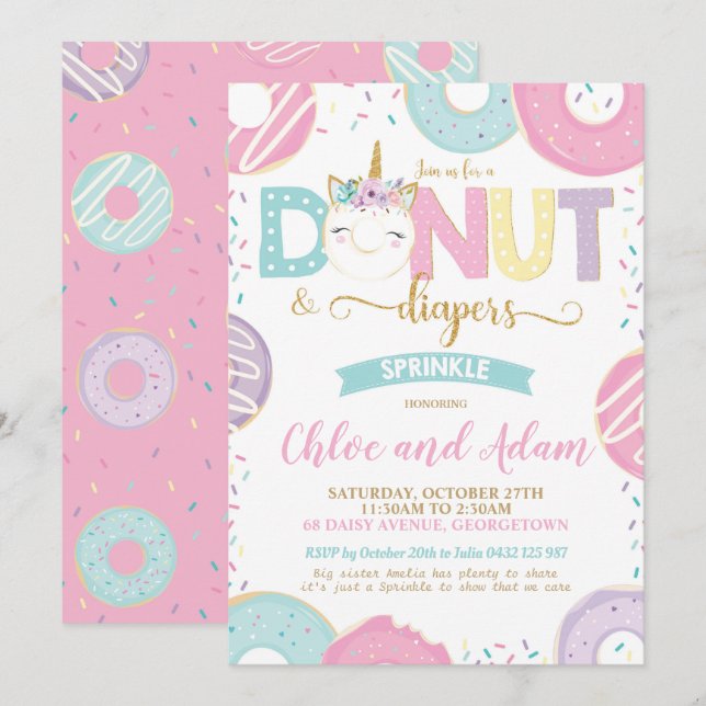 Unicorn Donut och Diaper Baby Sprinkle Shower Inbjudningar (Fram/baksida)