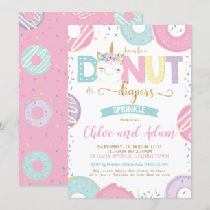 Unicorn Donut och Diaper Baby Sprinkle Shower Inbjudningar