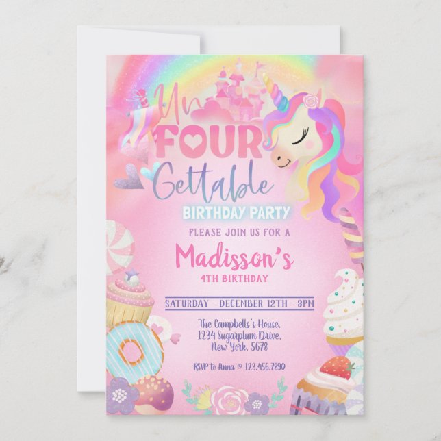 Unicorn Donut Sweet 4e födelsedagen in Inbjudningar (Framsida)