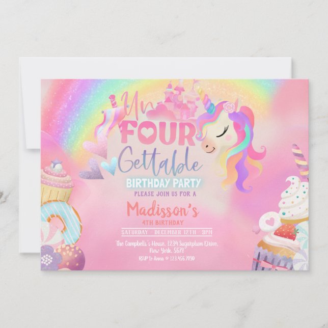 Unicorn Donut Sweet 4e födelsedagen Inbjudningar (Framsida)