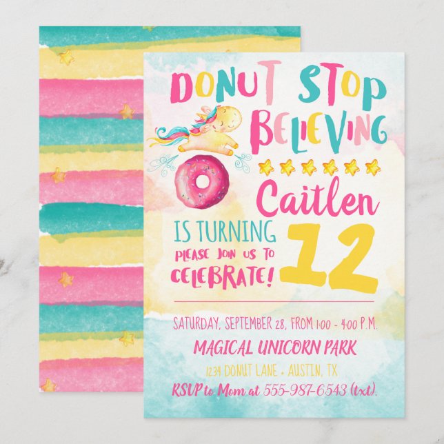 Unicorn Donut Watercolor Rainbow Birthday Inbjudningar (Fram/baksida)