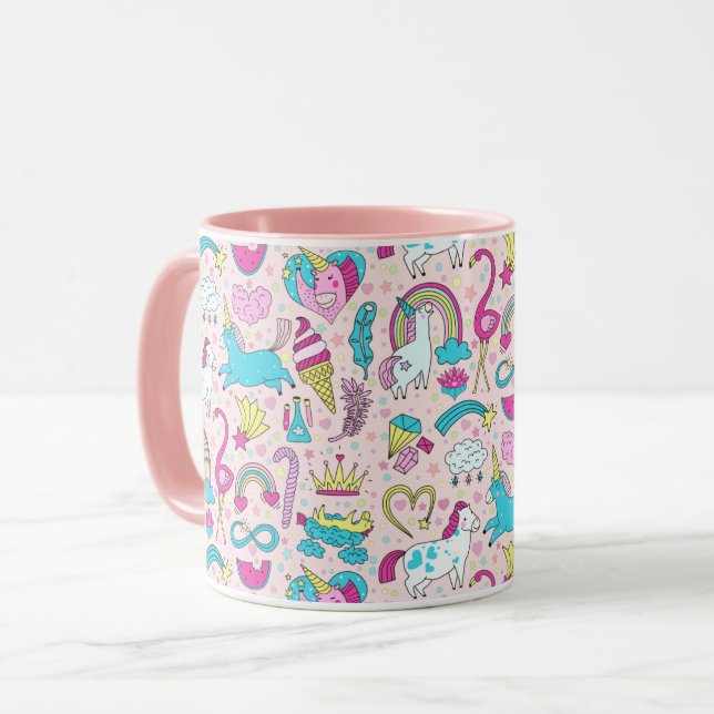 Unicorn Doodle Mönster Mugg (Framsida vänster)
