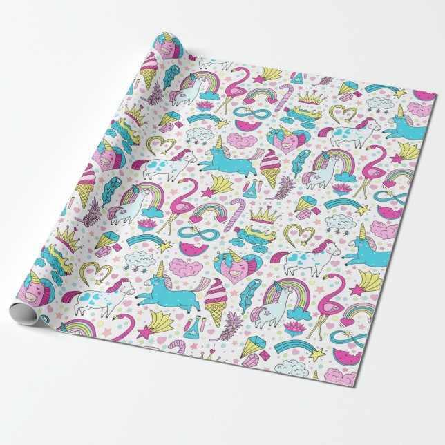 Unicorn Doodle Mönster Wrapping Papper Presentpapper (Utrullad)