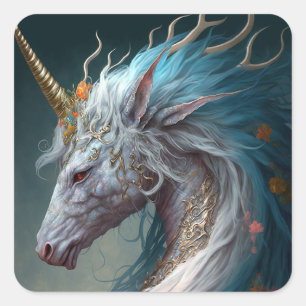 Unicorn Dragon Fantasy Art Fyrkantigt Klistermärke