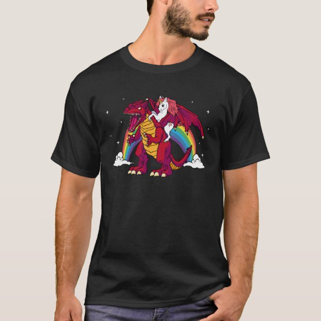 Unicorn Dragon Red Fantasy Animal Rainbow Clouds T Shirt (Framsida)