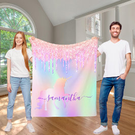 Unicorn droppar rosa-holografisk flicka fleecefilt