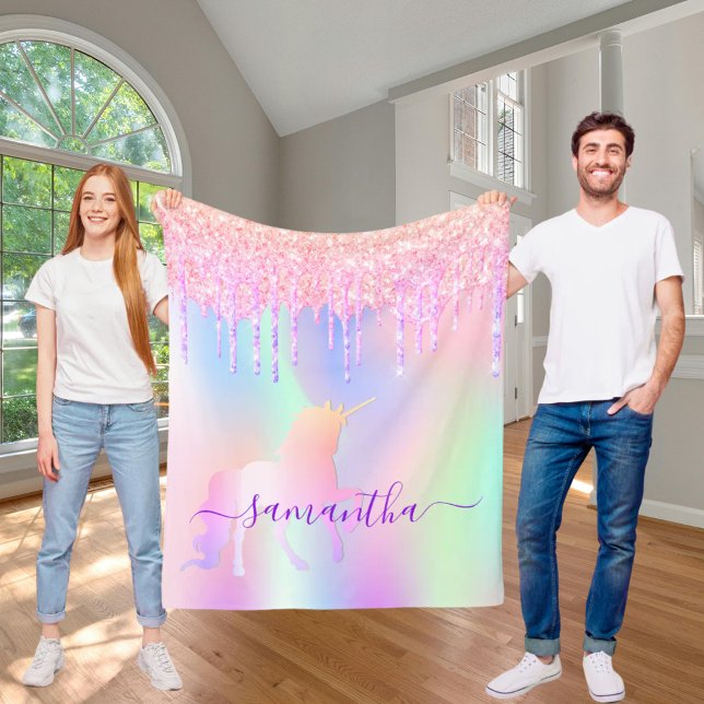 Unicorn droppar rosa-holografisk flicka fleecefilt (Skapare uppladdad)
