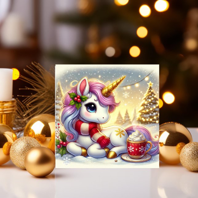 Unicorn Enjoying Hett Cocoa i Snö Julkort (Skapare uppladdad)