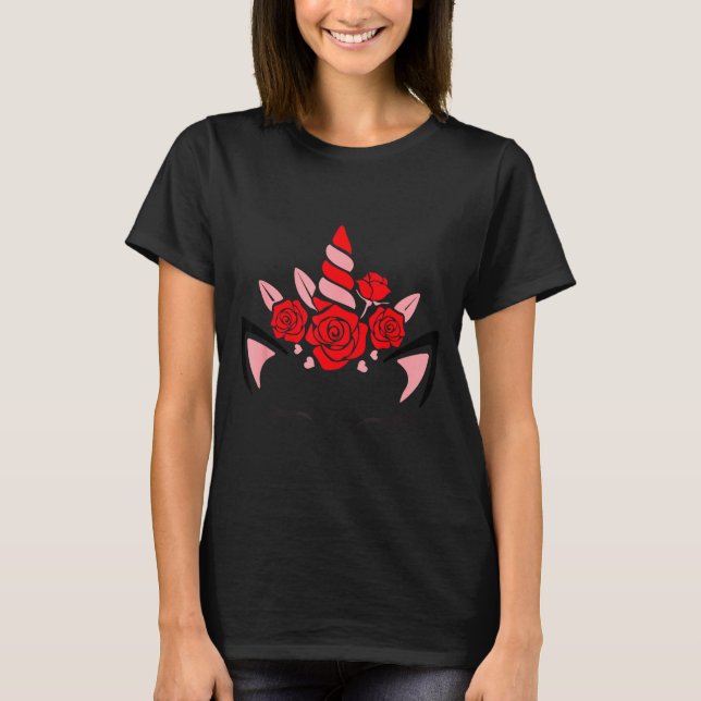 Unicorn Face Eyelashes Smile Flowers St. Valentine T Shirt (Framsida)