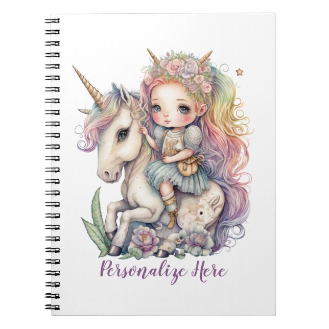 Unicorn Fairy Princess Rainbow Färg personalize Anteckningsbok (Framsidan)