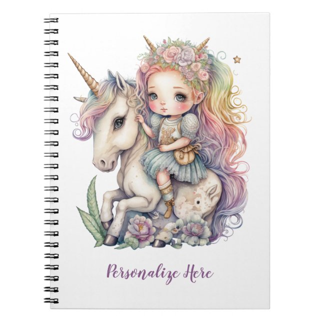 Unicorn Fairy Princess Rainbow Färg personalize Anteckningsbok (Framsidan)