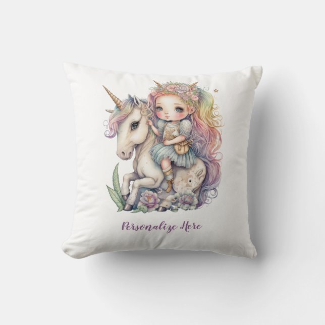 Unicorn Fairy Princess Rainbow Färg personalize Kudde (Framsida)