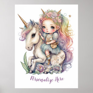Unicorn Fairy Princess Rainbow Färg personalize Poster