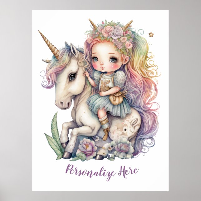 Unicorn Fairy Princess Rainbow Färg personalize Poster (Framsidan)