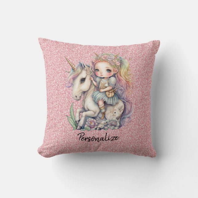 Unicorn Fairy Princess Rosa Glitter Fantasy Girly Kudde (Framsida)