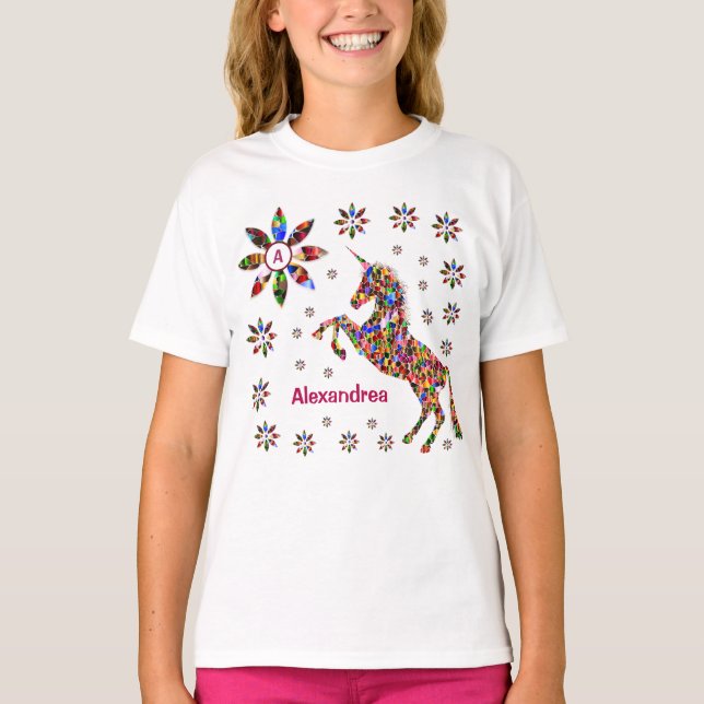 Unicorn Fantasy Flowers Glitter Personalize T Shirt (Framsida)