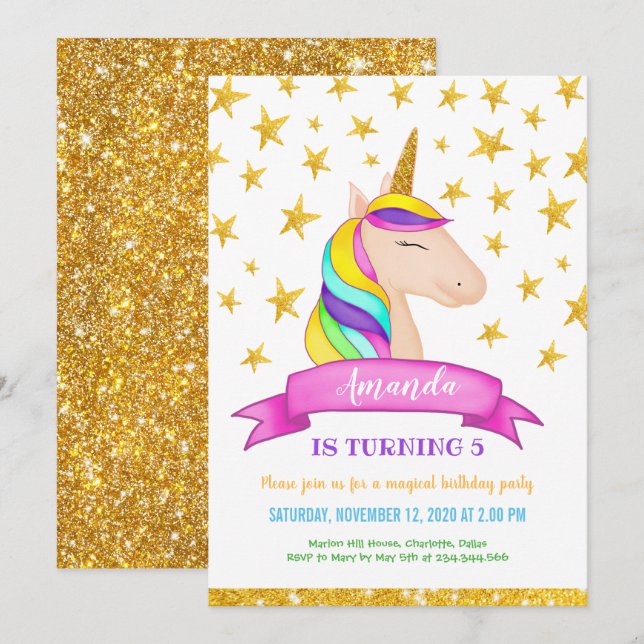 Unicorn Faux Guld Glitter Stars | Födelsedag Inbjudningar (Fram/baksida)