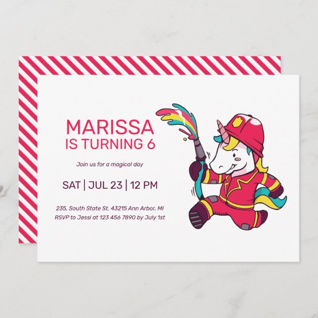 Unicorn Firefighter Tecknad Barns födelsedag Inbjudningar (Fram/baksida)