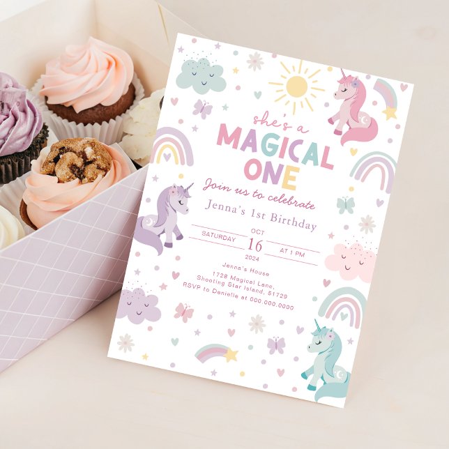 Unicorn First Birthday bjudande. Pastel Rainbow Inbjudningar (Unicorn 1st Birthday Invitation)