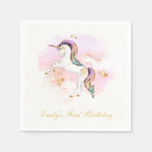 Unicorn First Birthday Napkins Pappersservett (Framsidan)