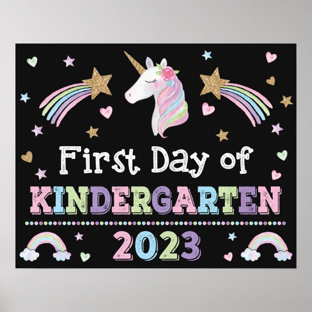 Unicorn First Day of Kindergarten School Sign Poster (Framsidan)