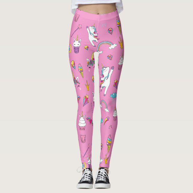 Unicorn Fläkt Klubb mönster Rosa Leggings (Framsida)