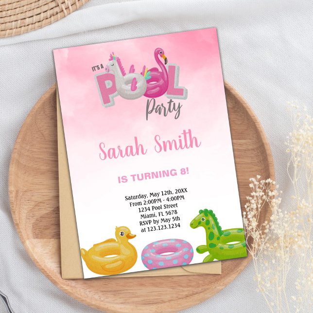 Unicorn Flamingo Bassäng Birthday-inbjudningar Inbjudningar (Unicorn Flamingo Pool Birthday Invitations)