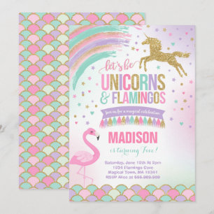 Unicorn & Flamingo Birthday-inbjudan Magic Party Inbjudningar