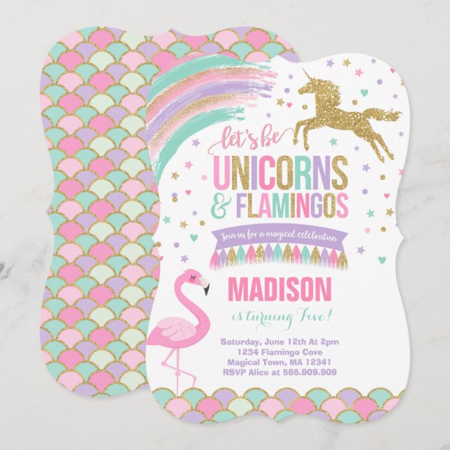 Unicorn & Flamingo Birthday-inbjudan Magic Party Inbjudningar (Fram/baksida)