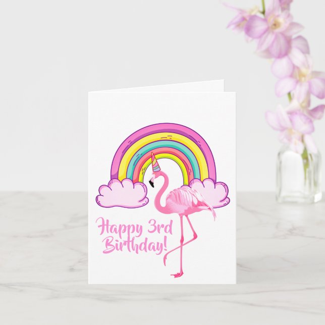 Unicorn Flamingo Magic Rainbow Girl 3rd Birthday Kort (Orkide)