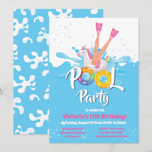 Unicorn Flippers Bassäng Party Inbjudningar (Fram/baksida)