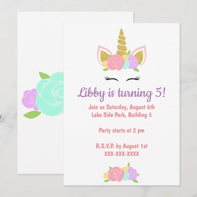 Unicorn Floral Birthday Party Invitation  Inbjudningar (Fram/baksida)