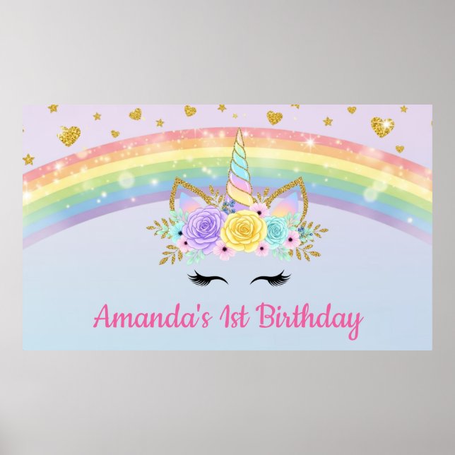 Unicorn Floral Crown Rainbow Birthday Poster (Framsidan)