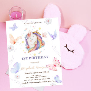 Unicorn Flowers Butterfly Dots Birthday Inbjudningar
