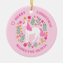 Unicorn Flowers Cute Rosa Personlig Namn Julgransprydnad Keramik