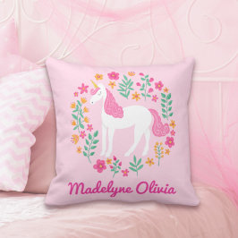 Unicorn Flowers Cute Rosa Personlig Namn Kudde