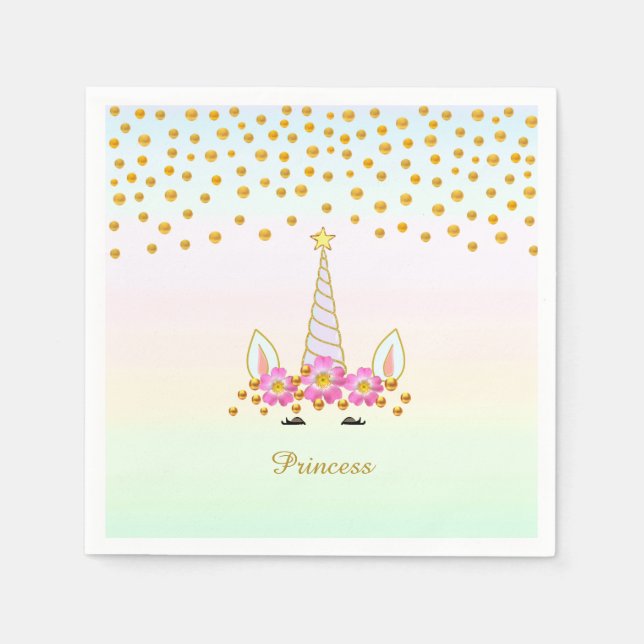 Unicorn, Flowers & Guld Confetti Pappersservett (Framsidan)