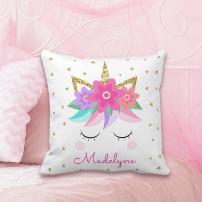 Unicorn Flowers Guld Glitter Personlig Girly Kudde (Skapare uppladdad)