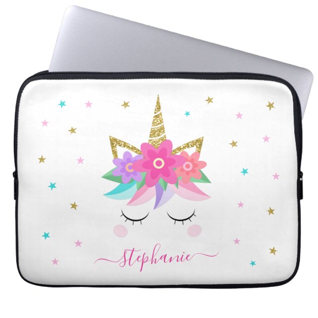 Unicorn Flowers Guld Glitter Personlig Laptop Fodral (Framsidan)