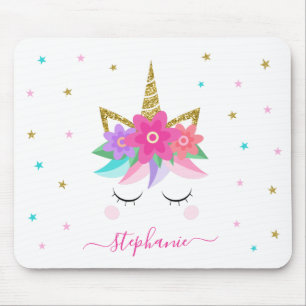 Unicorn Flowers Guld Glitter Personlig Musmatta