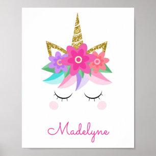 Unicorn Flowers Guld Glitter Personlig Namn Poster